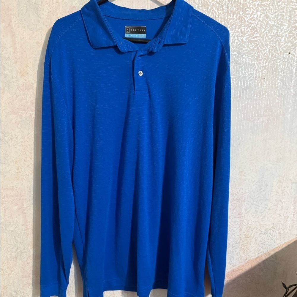 PGA Tour Men's Royal Blue Long‎ Sleeve Polo, Sz Lg, Viscous and Polyester Blend